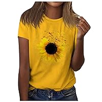 Comfort Shirts, Sunflower Ladies Cute Print Short Sleeve Round Neck Front Shoulder Vintage Short Sleeve Summer Loose