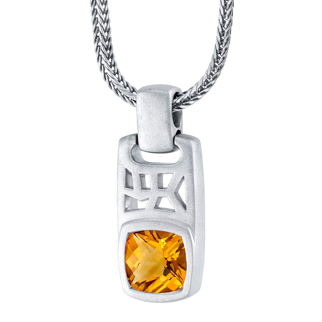 Peora Citrine Tag Pendant Necklace for Men in Sterling Silver, 2.75 Carats Cushion Cut, Brushed Finished, with 22-Inch Italian Chain
