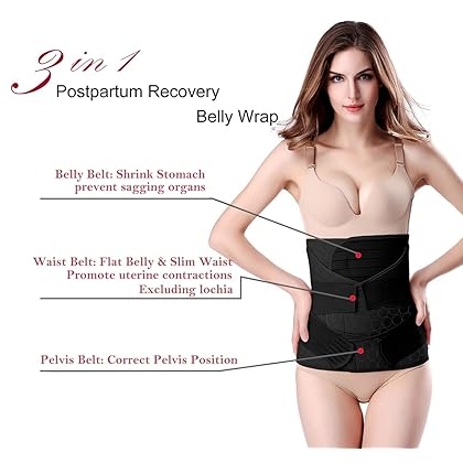 ChongErfei 3 in 1 Postpartum Belly Wrap - Recovery Belly/Waist/Pelvis Belt Black Band,Black One Size