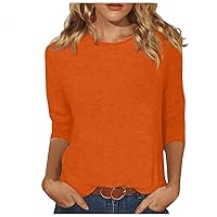 Blouses for Women Dressy Casual Three Quarter Sleeves Solid Color Womens Tops Trendy Round Neck Polyester Womens Tops Casual Summer Tops for Women y2k Pullover 03-Orange Large