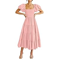 Summer Dresses for Women 2024 Square Neck Short Puff Sleeve Solid High Waist Casual Smocked Flowy A Line Tiered Midi Dress