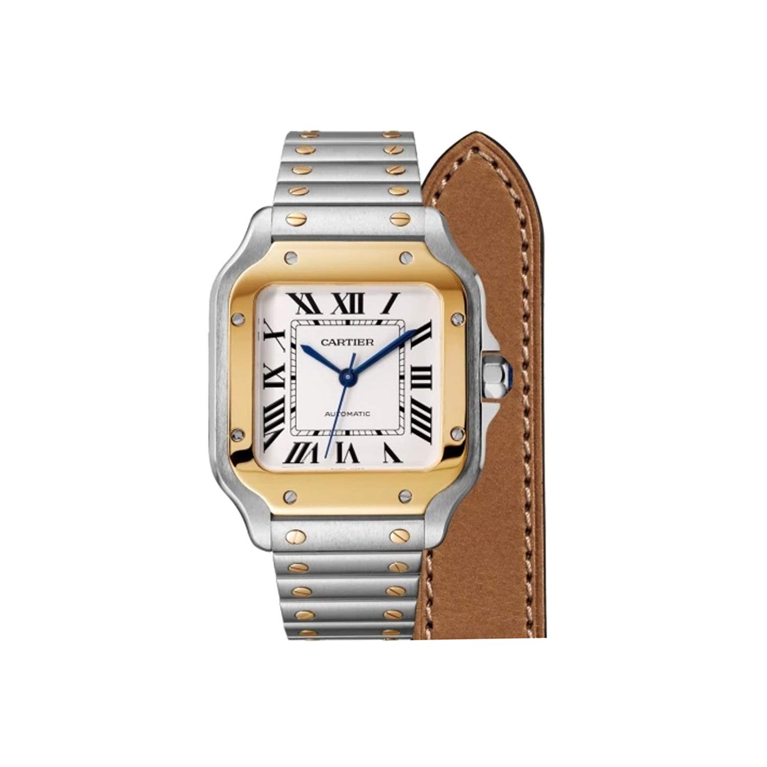 Cartier Santos Automatic Silvered Opaline Dial Steel and 18kt Yellow Gold Men's Watch W2SA0006