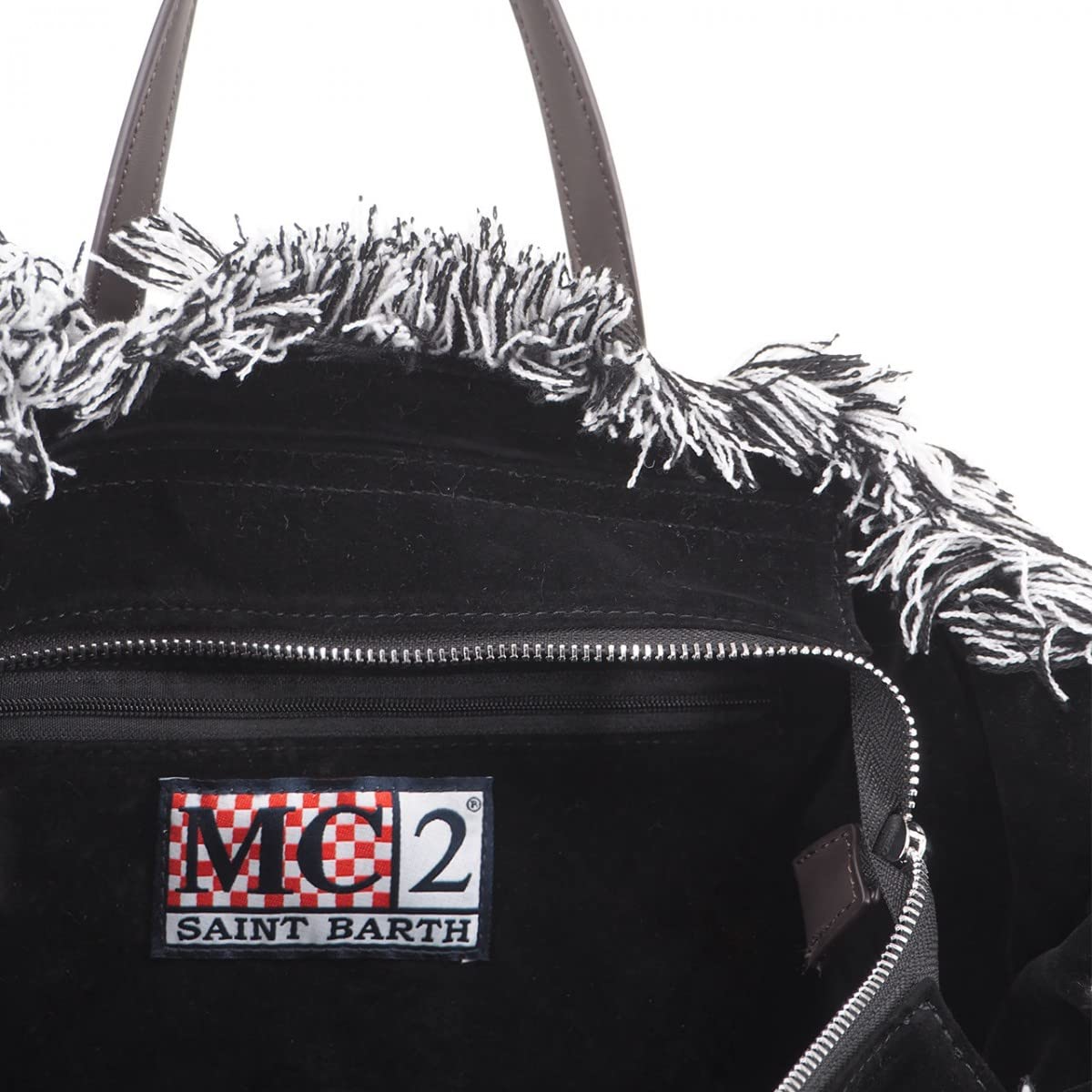 MC2 St. Barth Women's Black White Check Wool Leather Tote Handbag
