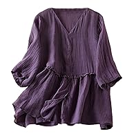 Womens Babydoll T-Shirts Casual Ruffled 3/4 Sleeve V Neck Blouse Summer Loose Fit Tunic Top Solid Color Classic Tees