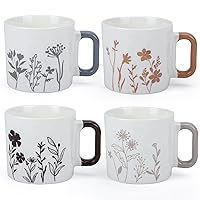 Coffee Mugs Set of 4, 14.8oz Ceramic Coffee Cups, Large Coffee Mug Cups with Handle for Latte, Tea, Cocoa, Milk, Juice, White Mugs with Assorted Flora Patterns