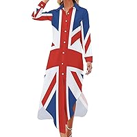 Union Jack Flag Women's Shirt Dress Long Sleeve Button Down Long Maxi Dress Casual Blouse Dresses