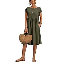 Baggy Crew Neck Dress for Women Casual Comfy Cotton Short Sleeve Tunic Beach Dresses with Pockets