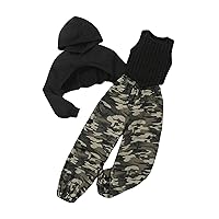 Floerns Girl's 3 Piece Outfit Asymmetrical Hoodie with Tank Top Camo Print Pants Set