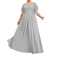 Mother of The Bride Dresses Plus Size with Sleeves Lace Evening Dress Formal Gowns Long Chiffon V Neck