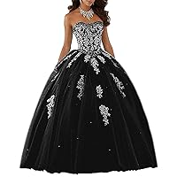 Ball Gown Sweet 16 Dress Quinceanera Formal Long Prom Dresses with Gold Applique