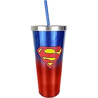 Spoontiques - Superman Stainless Steel Cup with Straw - Stainless Steel 24 Oz. Tumbler, DC