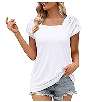 Womens 2023 Summer Square Neck Tops Solid Puff Short Sleeve Casual Business t-Shirt Elegant Shirts Blouse
