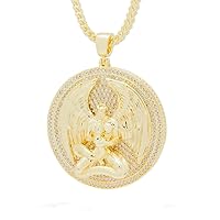 2.55Ctw Round Cut White Simulated Diamond Angel Medallion Men's Iced Out Hiphop Pendant Necklace 14K Yellow Gold Plated