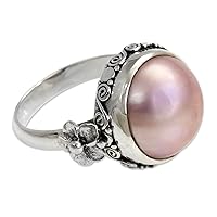NOVICA Artisan Handmade Pearl Flower Ring Floral Sterling Silver Cocktail Pink Indonesia Birthstone [crownbezel 0.4 in H x 0.6 in Diam. Band Width 3 mm W] 'Love Moon'