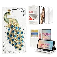 STENES Bling Wallet Phone Case Compatible with Samsung Galaxy S23 Ultra - Stylish - 3D Handmade Peacock Design Leather Cover with Screen Protector [2 Pack] - Green