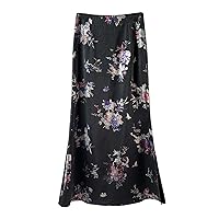 Womens Floral Satin Silk High Waisted Midi Length Skirts Summer Zipper Trendy Side Split Skirts