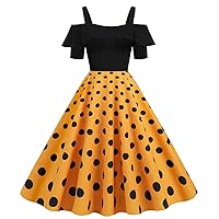 Women's Vintage Polka Dot Audrey Dress 1950s Short Sleeve Cold Shoulder Retro Cocktail Dress Patchwork Swing Dress