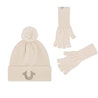 True Religion womens Beanie Hat and Fingerless Gloves Set, Cuffed Winter Knit Cap With Pom and Matching Mittens
