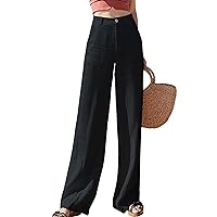 Hooever Womens Casual High Waisted Wide Leg Pants Button Up Straight Leg Trousers