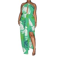 Womens Sexy Halter Backless Sleeveless Floral Print Split Dress Loose Long Dress Vacation Dress