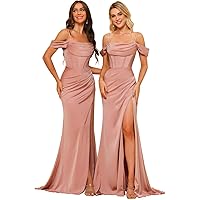 Long Satin Bridesmaid Dresses for Women Spaghetti Strap Prom Dress with Silt PU070
