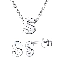 ChicSilver 925 Sterling Silver Letter S Initial Necklace and Stud Earrings Set for Women Girls