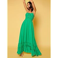 Summer Dresses for Women 2022 Tie Front Shirred Frill Trim Cami Dress Dresses for Women (Color : Green, Size : Small)