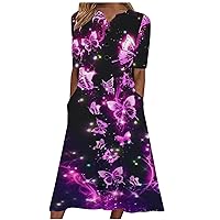 T Shirt Dresses for Women 2024 Summer Short Sleeve Long Maxi Dress Boho Floral Print V Neck Swing Dress with Pockets
