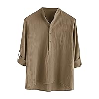 Men Stand Collar Tee Shirt Casual Button Up Long Sleeve T-Shirt Lightweight Linen Tops Plain Athletic Fit Shirts