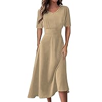 Spring Dresses for Women 2024 V Neck Solid Color Dress Casual Maxi Dress Swing Flowy Dress Fashion A Line Dresses