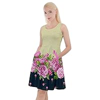 CowCow Womens V-Neck Summer Dress Vintage Roses Floral Flowers Pattern Knee Length Skater Dress with Pockets, XS-5XL