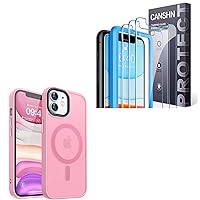 CANSHN Magnetic Designed for iPhone 11 Case Pink + 3 Pack Screen Protector for iPhone XR and iPhone 11 Tempered Glass with Easy Installation Frame - 6.1 Inch