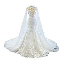 2 Pieces Luxury Women's Bridal Ball Gown Mermaid Lace Wedding Dresses with Train Long Cape for Bride White
