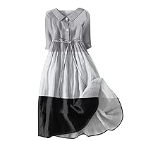 Country Concert Outfits for Women, Womens Large Color Block Print Lapel Button 3/4 Sleeves Tie Up Dress, S, 3XL