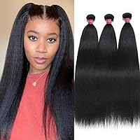 UNICE 12A Silk Yaki Straight Human Hair Weave 3 Bundles Unprocessed Virgin Real Human Hair Weft Sew in Human Hair Extensions for Women 16 18 20 inch