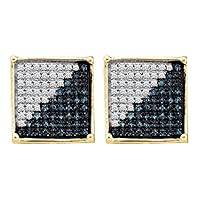 The Diamond Deal 10kt Yellow Gold Mens Round Blue Color Enhanced Diamond Square Cluster Earrings 1/2 Cttw