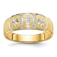 14k Ladies Prong set and Rhodium .03 Carat Diamond Trio Mens Wedding Band With Religious Faith Cross Size 10.00 Jewelry Gifts for Men