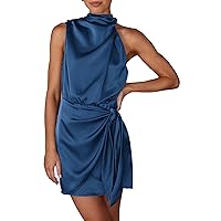 PRETTYGARDEN Women's Short Formal Satin Dress Summer Sleeveless Mock Neck Tie Waist Cocktail Party Dresses