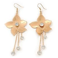 Long Flower With Crystal Dangles Earrings In Gold Plated Metal - 9cm Length