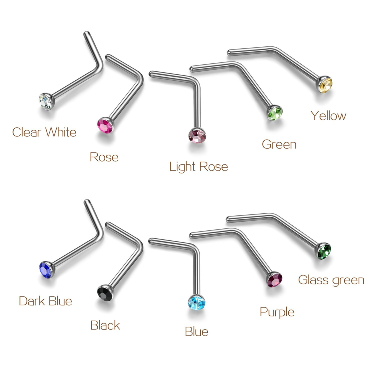 Charisma Small Nose Studs Stainless Steel Curved Nose Stud Bend L Shape Colorful Nose Ring Screw Piercing Jewelry Tiny Bone Studs for Women Men Hypoallergenic 20G