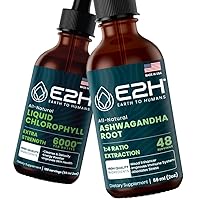 E2H: Liquid Chlorophyll and Ashwagandha Liquid Drops | Vegan, Non-GMO - 2 Fl Oz Each (4 Fl Oz Total) - Bundle