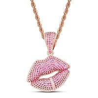 Iced Out Red Lips Pendent Hip Hop Copper Base 18K Gold Plated Fully AAA+ Cubic Zirconia Simulated Diamond Necklace for Men Women Charm Gift Jewelry with Stainless Steel Rope Chain