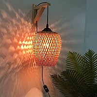 Farmhouse Plug in Wall Sconces for bedroom, Rattan Wall lamp with Plug in Cord for Living Room, dinning room, Hand Woven Rattan Wall Light Fixture, Bamboo lampshade Wall Art Décor