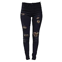 Andongnywell Women's Leopard Distressed Stretch Denim Pants Ripped Mid Rise Skinny Jeans with Print Patch Trousers