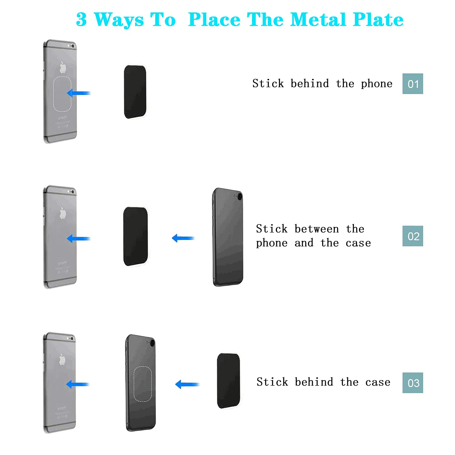 Pau1Hami1ton Adhesive Thin Metal Plates(Compatible with Magnetic Mounts),4 Piece Metal Plates for Phone Case,Metal Plate for Car,Metal Plates for Phone(2 Rectangle and 2 Round) S-07N (Black)