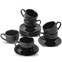 Hasense 4 Oz Espresso Cups with Saucers Set of 6, Ribbed Cappuccino Cups Ceramic for Coffee,Espresso,Double shot,Latte and Macchiato, Demitasse Cups Set Aesthetic Gift, Black