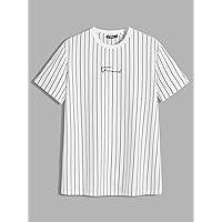 Men's T-Shirts Men Letter Graphic Striped Tee T-Shirts for Men (Color : Black and White, Size : Medium)
