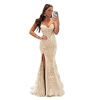Women's Mermaid Lace Appliques Prom Dresses 2024 Long Spaghetti Straps V Neck Formal Evening Party Gowns with Slit