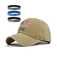 Washed Baseball Cap Distressed Vintage American Flag Embroidered Patch Hat with US Flag Silicone Bracelet