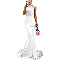 Women's Satin Mermaid Ball Dresses Lace Necklace Trailing Evening Gowns